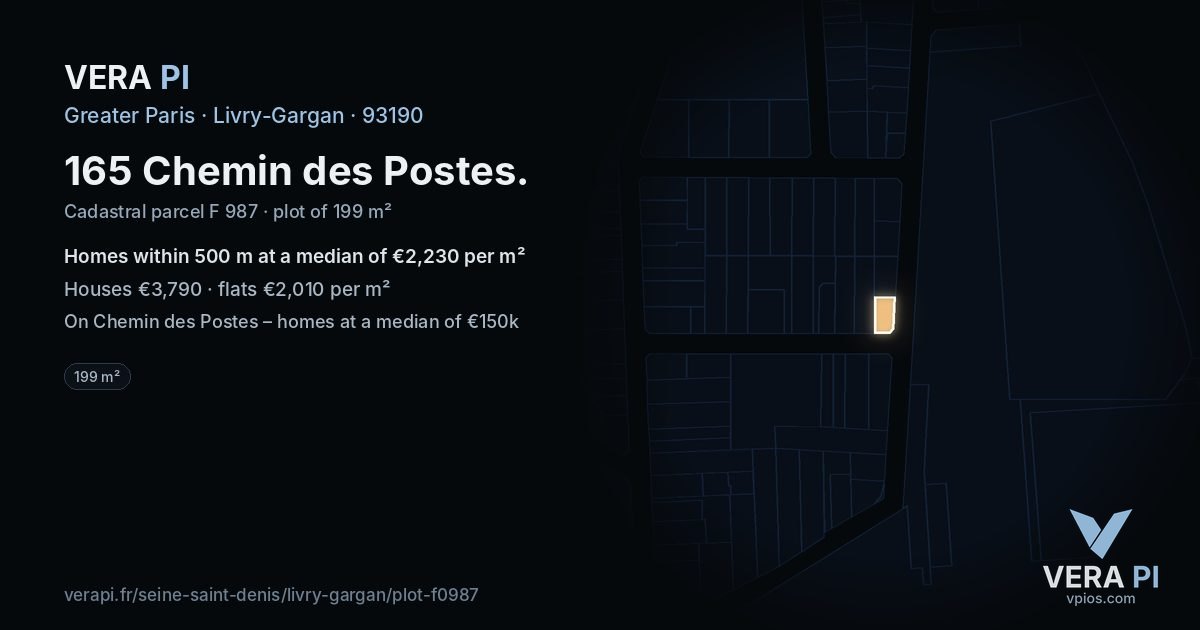 165 Chemin des Postes, Livry-Gargan at night – the plot lit, the parcels around coloured by the prices near them