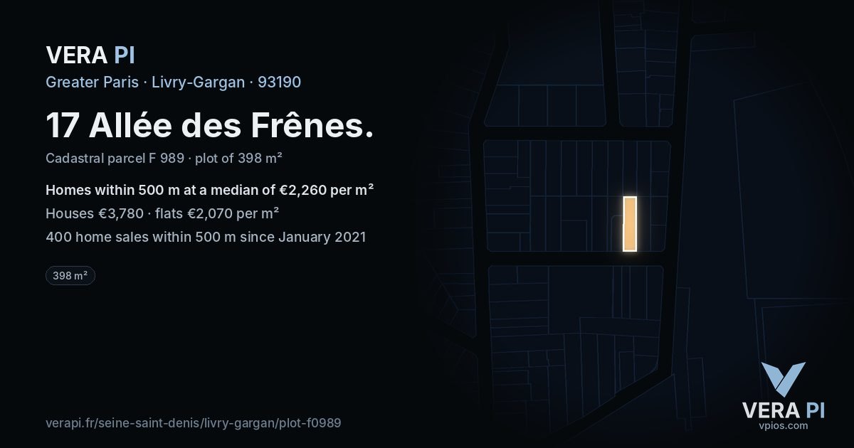 17 Allée des Frênes, Livry-Gargan at night – the plot lit, the parcels around coloured by the prices near them