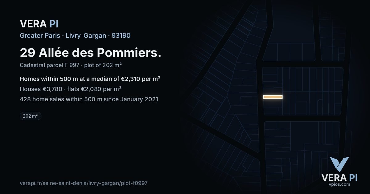 29 Allée des Pommiers, Livry-Gargan at night – the plot lit, the parcels around coloured by the prices near them