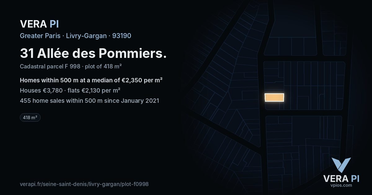 31 Allée des Pommiers, Livry-Gargan at night – the plot lit, the parcels around coloured by the prices near them