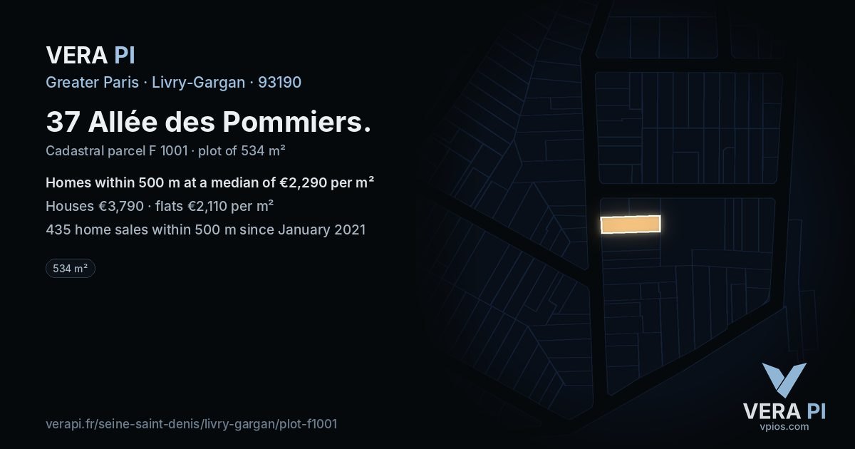 37 Allée des Pommiers, Livry-Gargan at night – the plot lit, the parcels around coloured by the prices near them