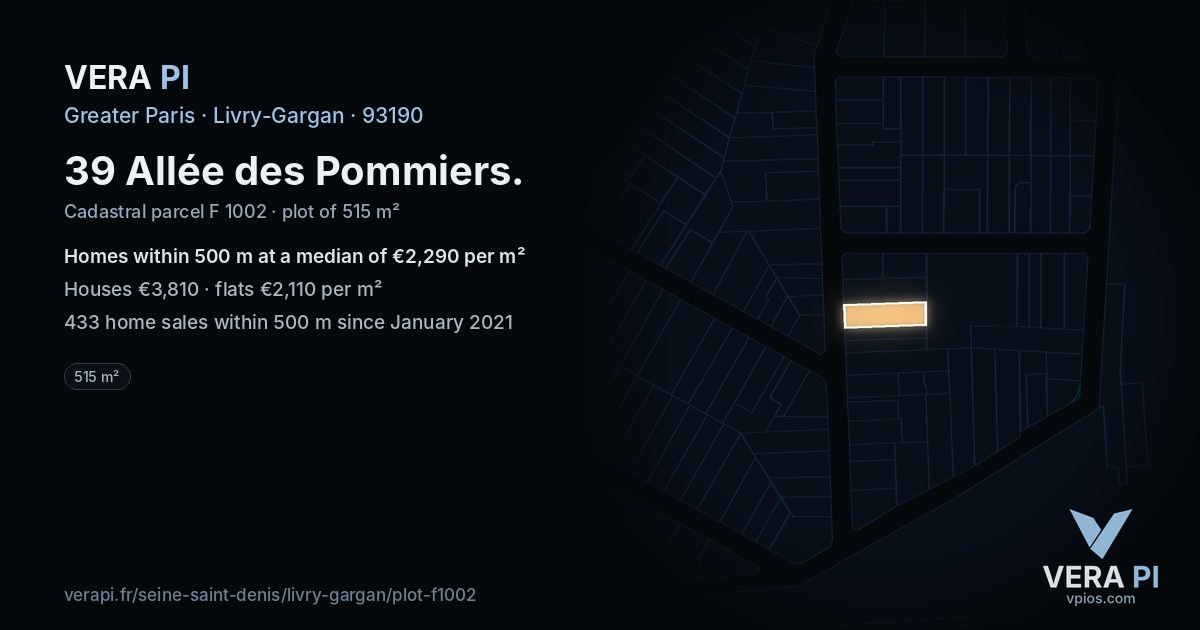 39 Allée des Pommiers, Livry-Gargan at night – the plot lit, the parcels around coloured by the prices near them