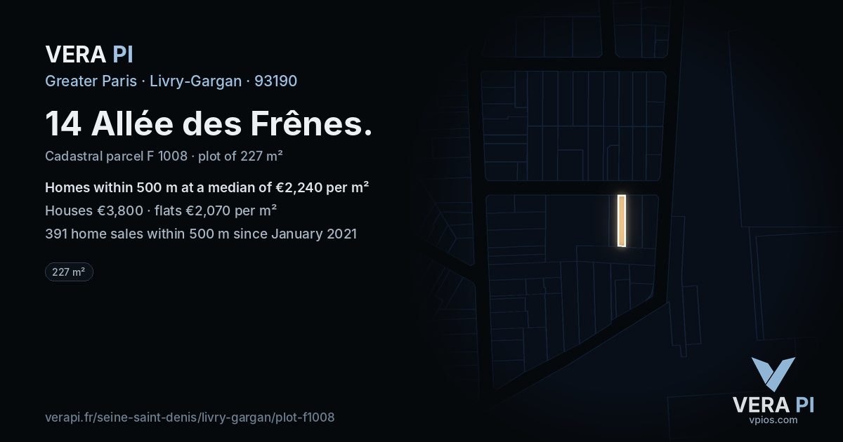 14 Allée des Frênes, Livry-Gargan at night – the plot lit, the parcels around coloured by the prices near them
