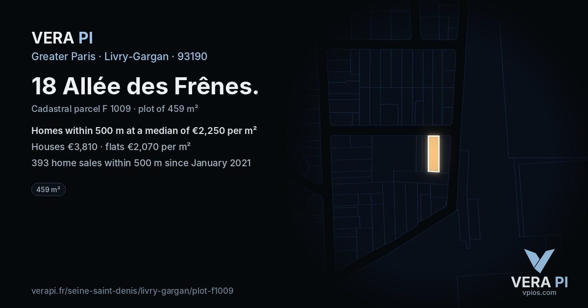 18 Allée des Frênes, Livry-Gargan at night – the plot lit, the parcels around coloured by the prices near them