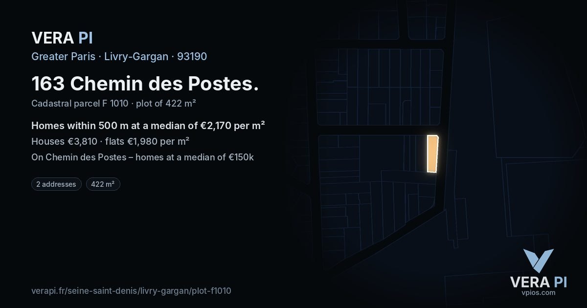 163 Chemin des Postes, Livry-Gargan at night – the plot lit, the parcels around coloured by the prices near them