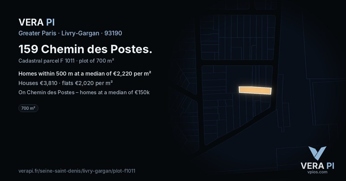 159 Chemin des Postes, Livry-Gargan at night – the plot lit, the parcels around coloured by the prices near them