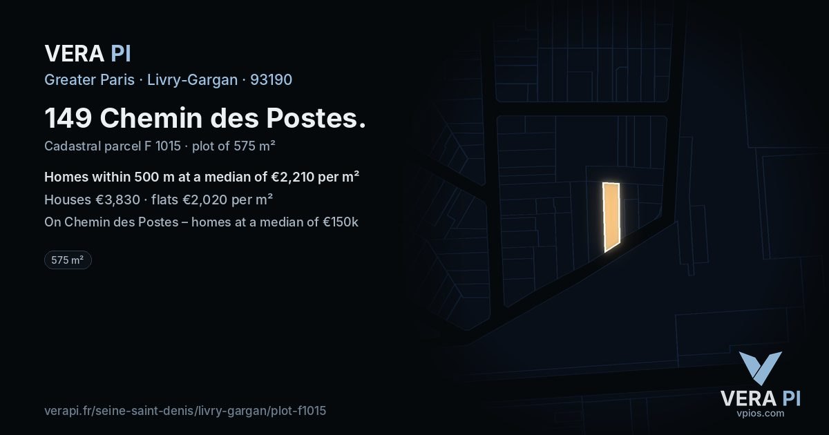 149 Chemin des Postes, Livry-Gargan at night – the plot lit, the parcels around coloured by the prices near them