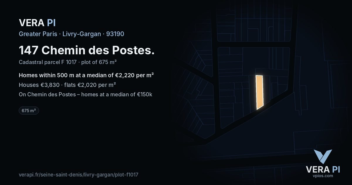 147 Chemin des Postes, Livry-Gargan at night – the plot lit, the parcels around coloured by the prices near them