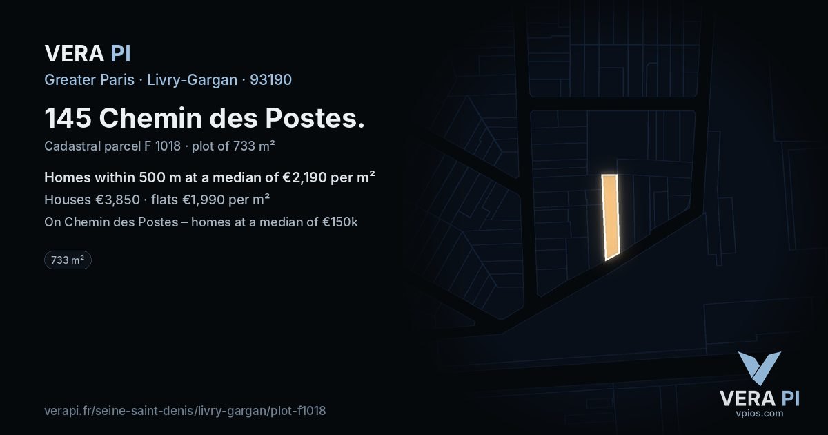 145 Chemin des Postes, Livry-Gargan at night – the plot lit, the parcels around coloured by the prices near them
