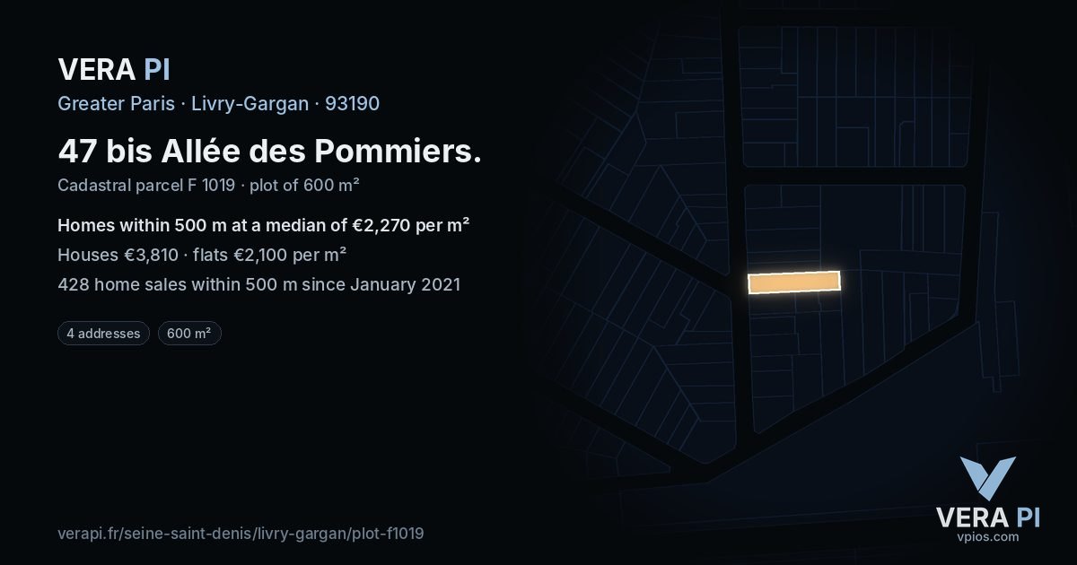 47 bis Allée des Pommiers, Livry-Gargan at night – the plot lit, the parcels around coloured by the prices near them