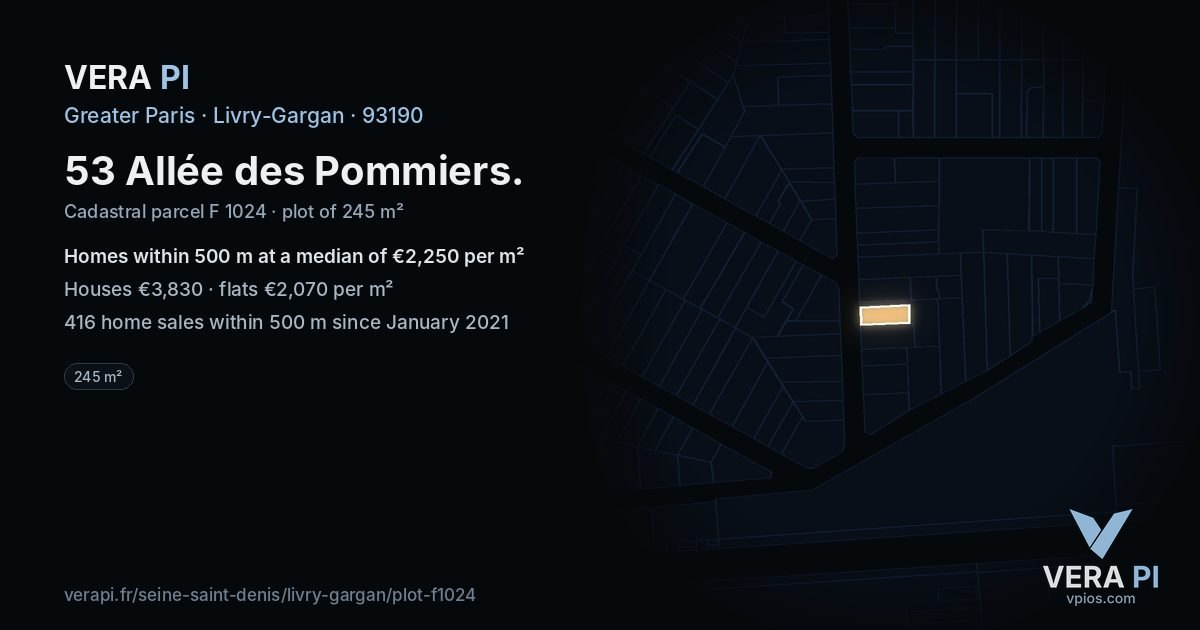 53 Allée des Pommiers, Livry-Gargan at night – the plot lit, the parcels around coloured by the prices near them