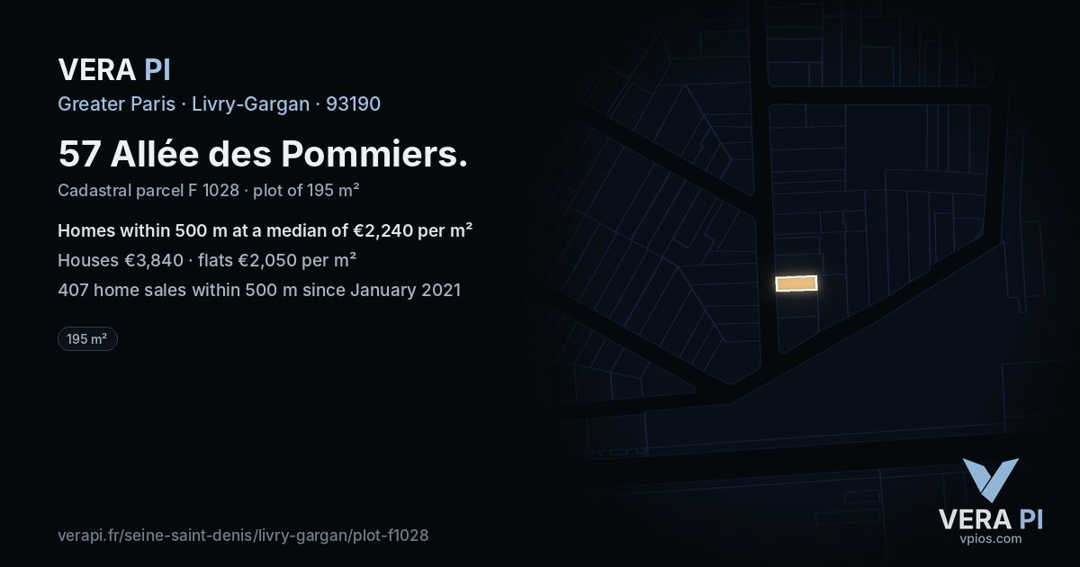 57 Allée des Pommiers, Livry-Gargan at night – the plot lit, the parcels around coloured by the prices near them