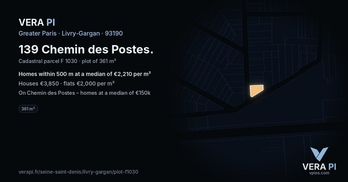 139 Chemin des Postes, Livry-Gargan at night – the plot lit, the parcels around coloured by the prices near them