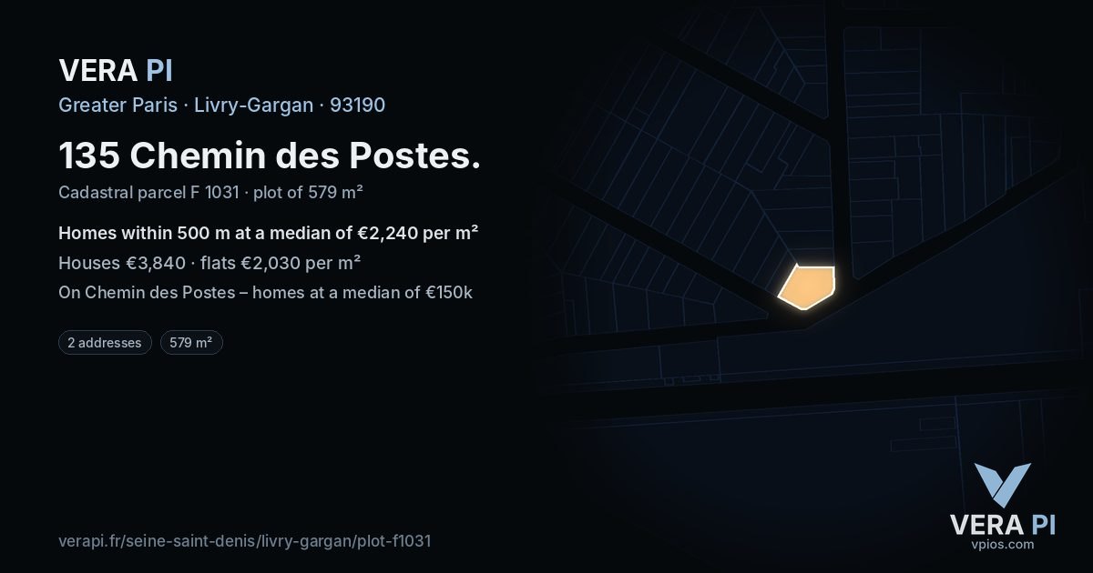135 Chemin des Postes, Livry-Gargan at night – the plot lit, the parcels around coloured by the prices near them