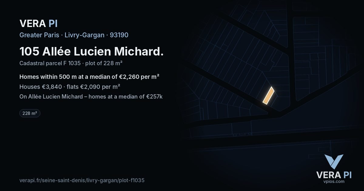 105 Allée Lucien Michard, Livry-Gargan at night – the plot lit, the parcels around coloured by the prices near them