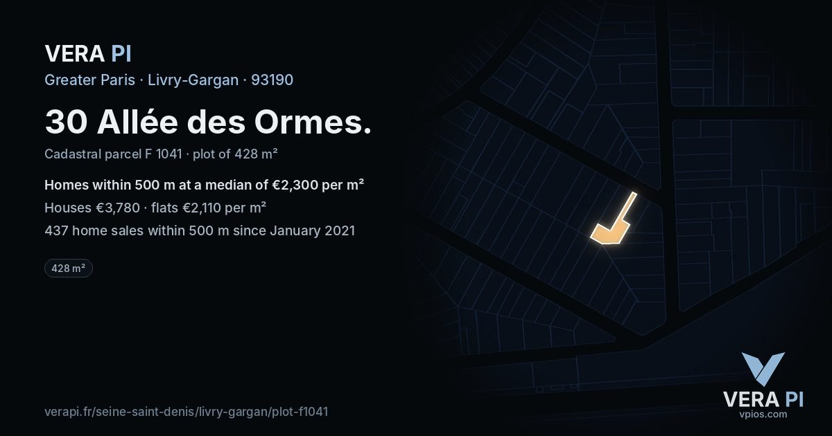 30 Allée des Ormes, Livry-Gargan at night – the plot lit, the parcels around coloured by the prices near them