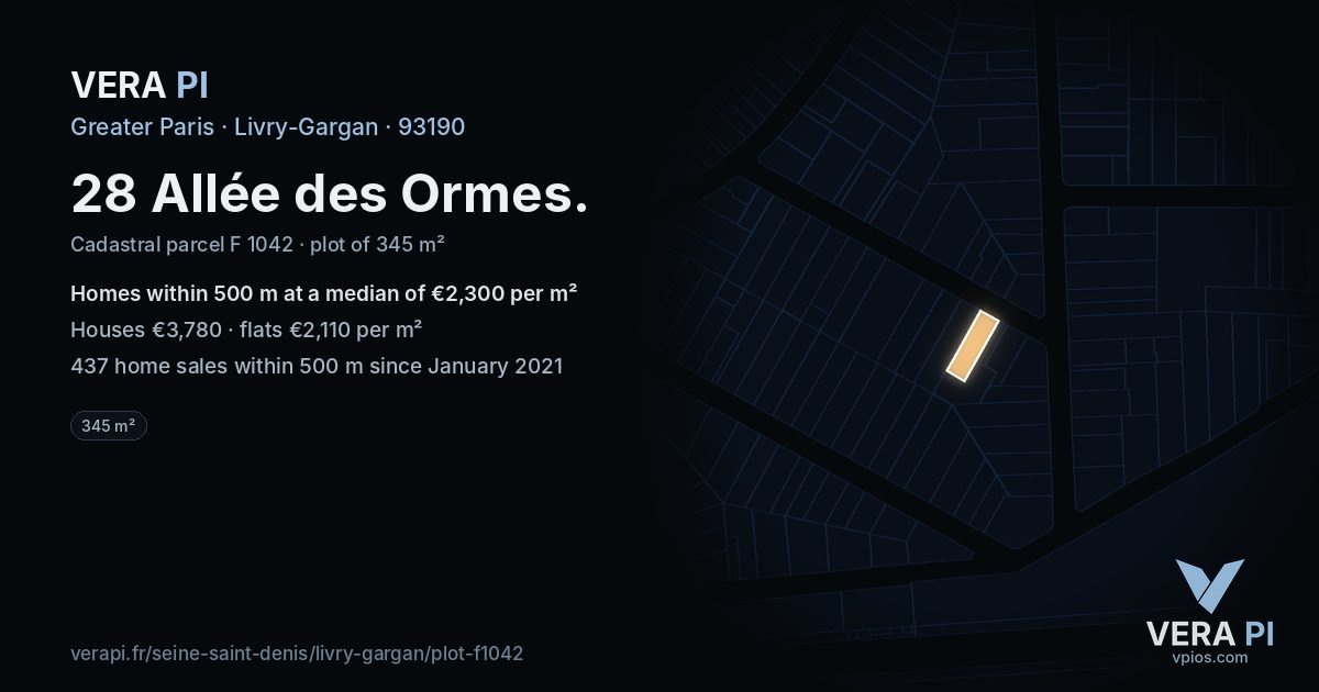 28 Allée des Ormes, Livry-Gargan at night – the plot lit, the parcels around coloured by the prices near them