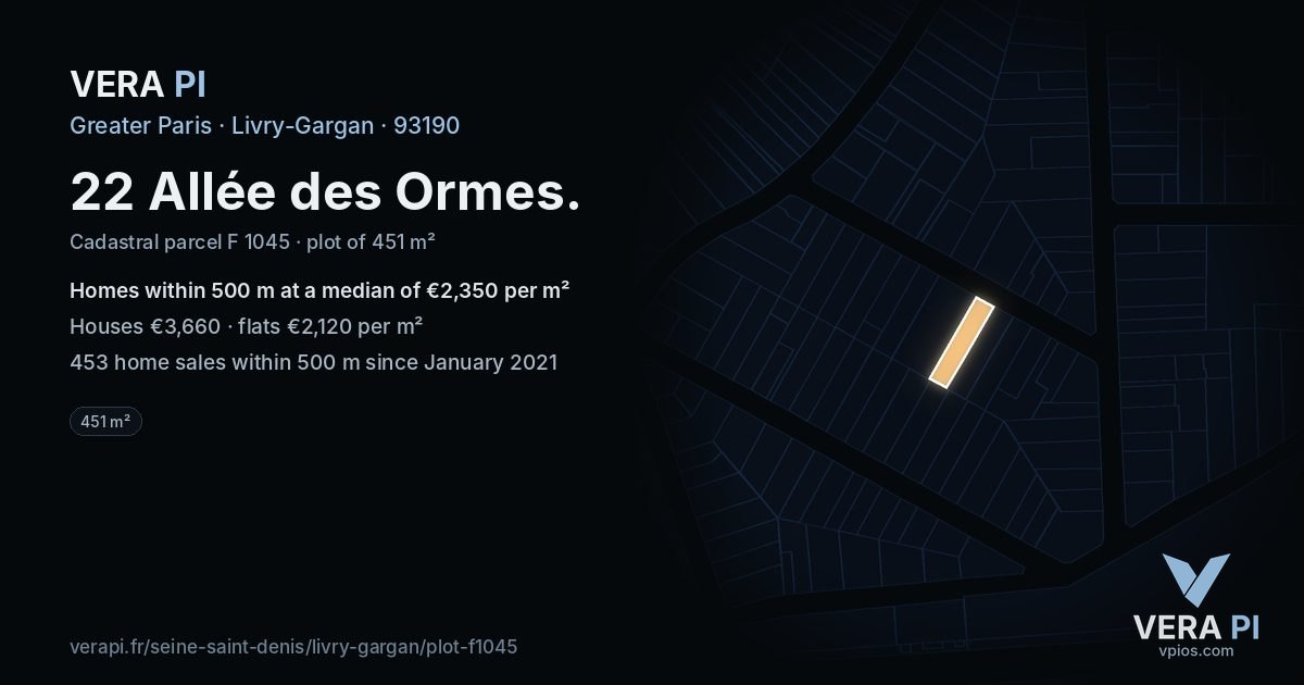 22 Allée des Ormes, Livry-Gargan at night – the plot lit, the parcels around coloured by the prices near them