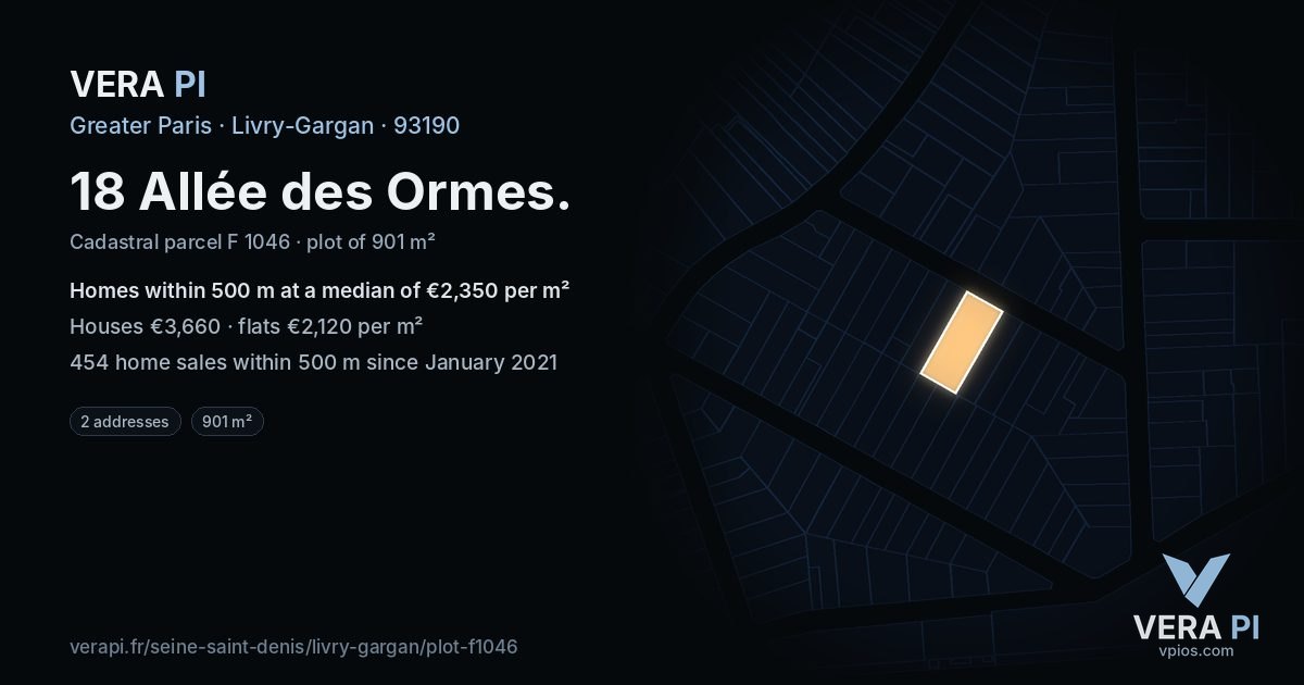 18 Allée des Ormes, Livry-Gargan at night – the plot lit, the parcels around coloured by the prices near them