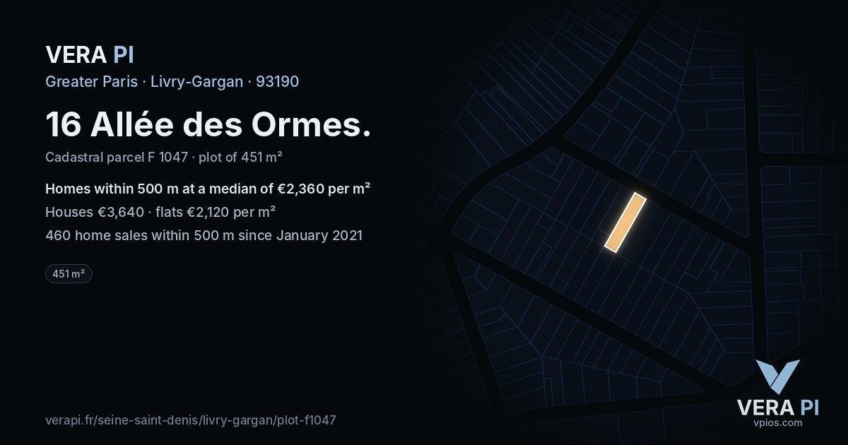 16 Allée des Ormes, Livry-Gargan at night – the plot lit, the parcels around coloured by the prices near them