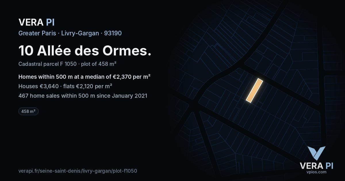 10 Allée des Ormes, Livry-Gargan at night – the plot lit, the parcels around coloured by the prices near them