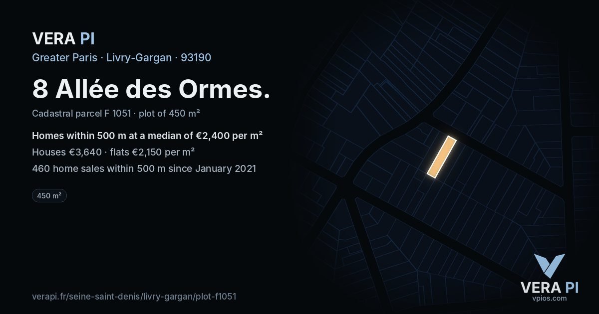 8 Allée des Ormes, Livry-Gargan at night – the plot lit, the parcels around coloured by the prices near them
