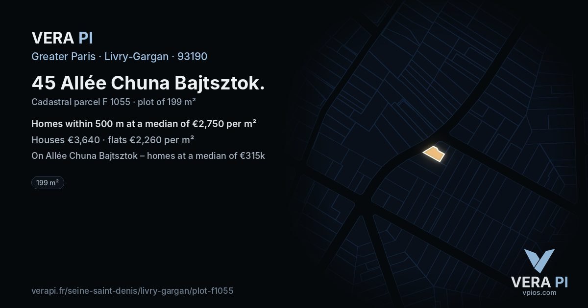 45 Allée Chuna Bajtsztok, Livry-Gargan at night – the plot lit, the parcels around coloured by the prices near them