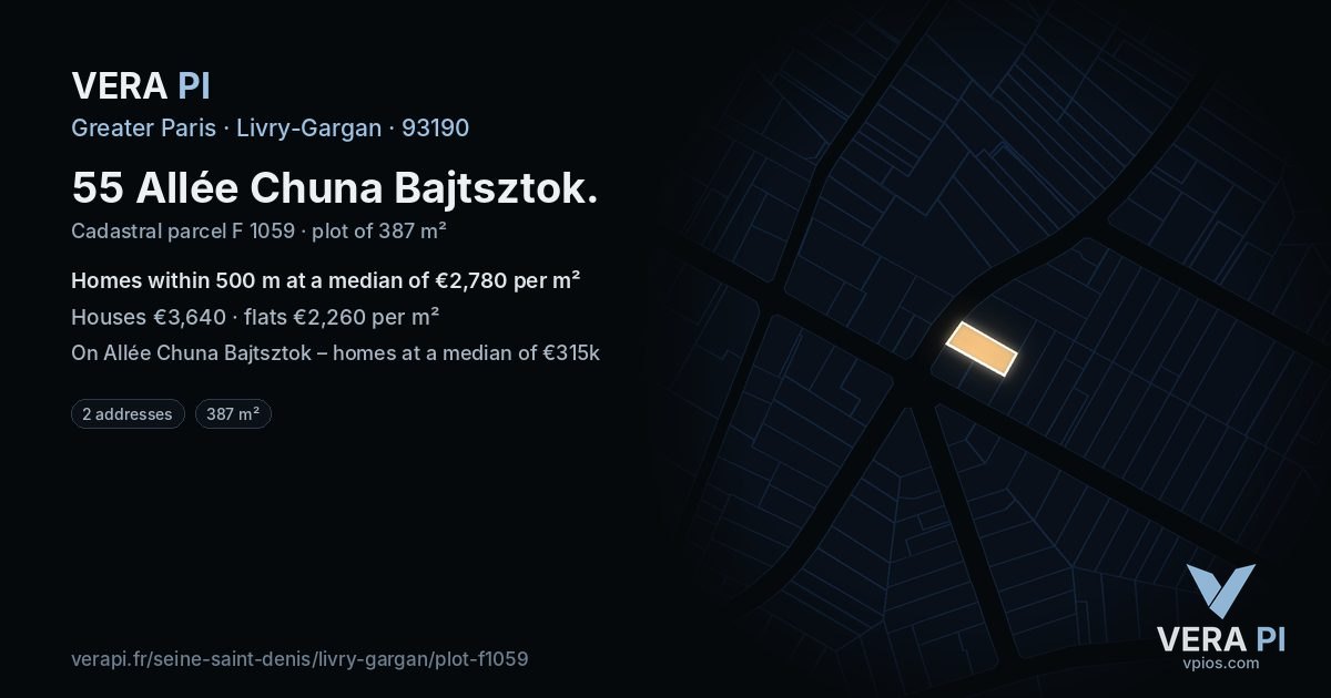 55 Allée Chuna Bajtsztok, Livry-Gargan at night – the plot lit, the parcels around coloured by the prices near them