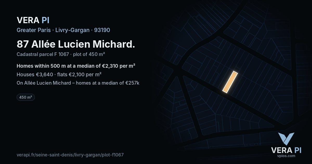 87 Allée Lucien Michard, Livry-Gargan at night – the plot lit, the parcels around coloured by the prices near them