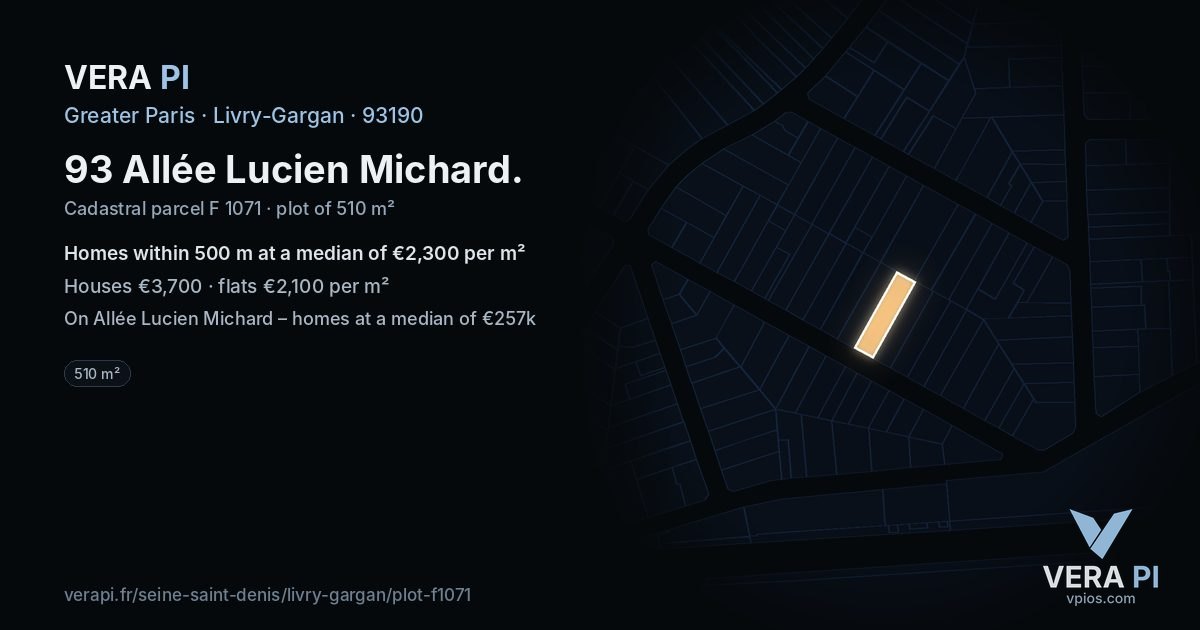 93 Allée Lucien Michard, Livry-Gargan at night – the plot lit, the parcels around coloured by the prices near them