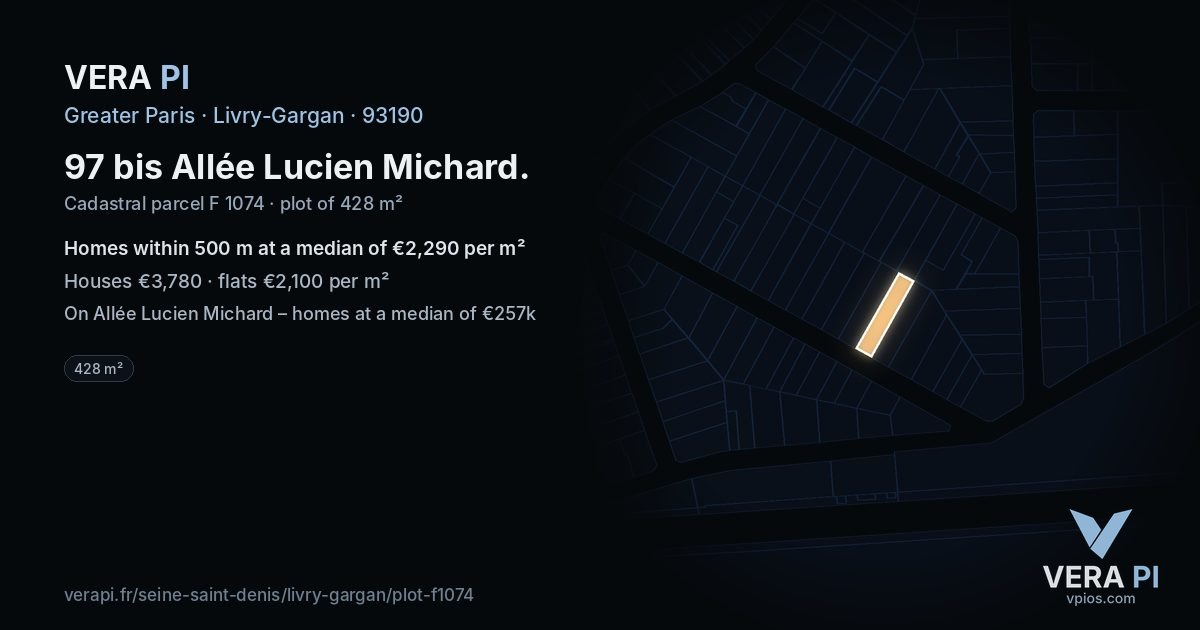 97 bis Allée Lucien Michard, Livry-Gargan at night – the plot lit, the parcels around coloured by the prices near them