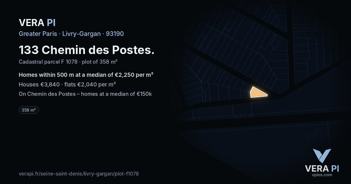 133 Chemin des Postes, Livry-Gargan at night – the plot lit, the parcels around coloured by the prices near them