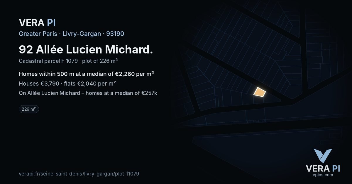 92 Allée Lucien Michard, Livry-Gargan at night – the plot lit, the parcels around coloured by the prices near them