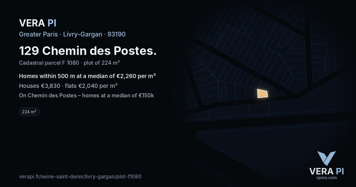 129 Chemin des Postes, Livry-Gargan at night – the plot lit, the parcels around coloured by the prices near them