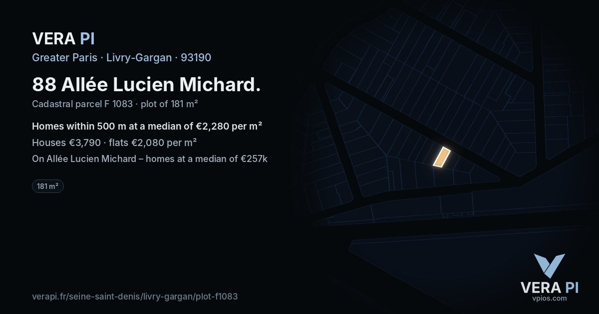 88 Allée Lucien Michard, Livry-Gargan at night – the plot lit, the parcels around coloured by the prices near them