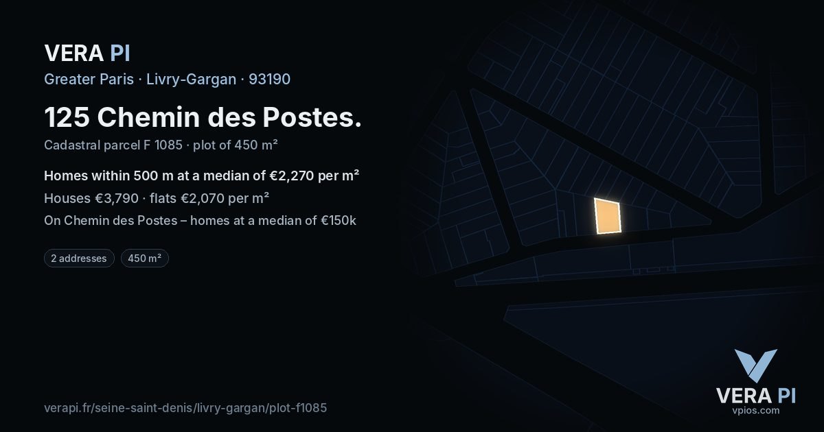 125 Chemin des Postes, Livry-Gargan at night – the plot lit, the parcels around coloured by the prices near them