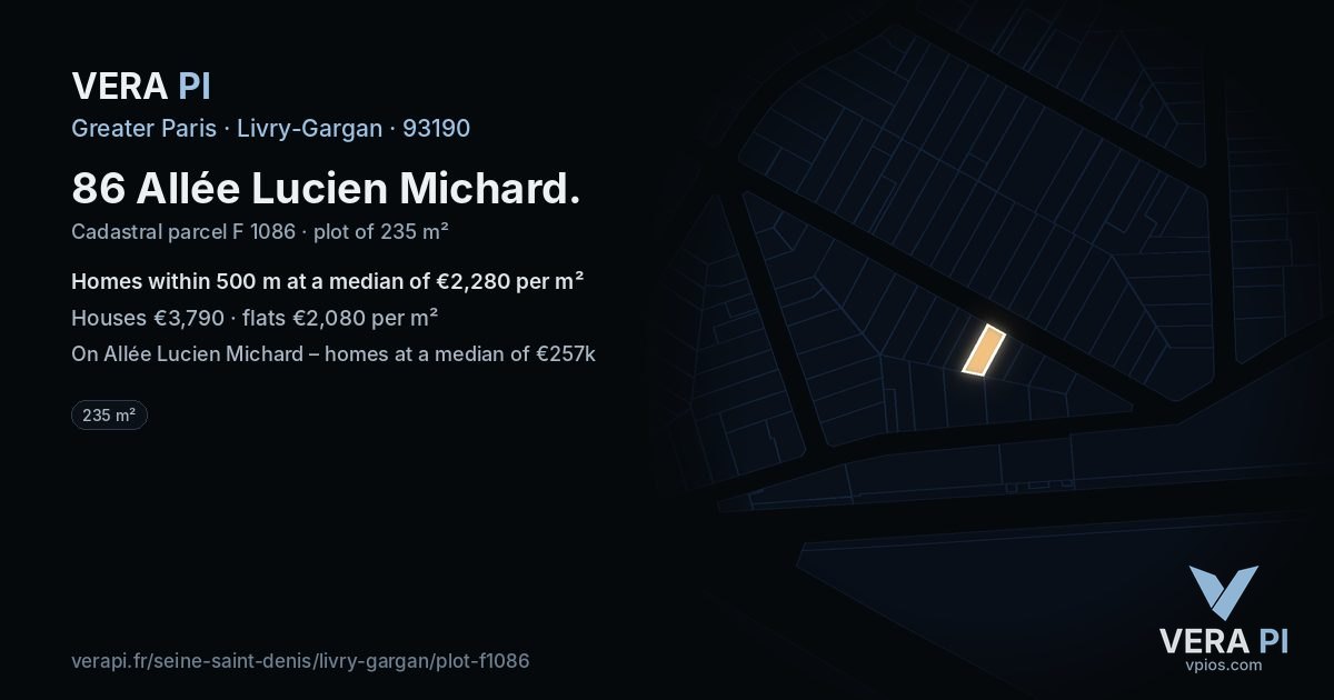 86 Allée Lucien Michard, Livry-Gargan at night – the plot lit, the parcels around coloured by the prices near them