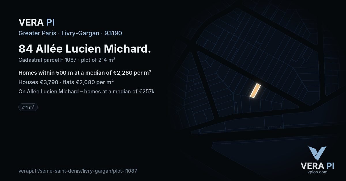 84 Allée Lucien Michard, Livry-Gargan at night – the plot lit, the parcels around coloured by the prices near them