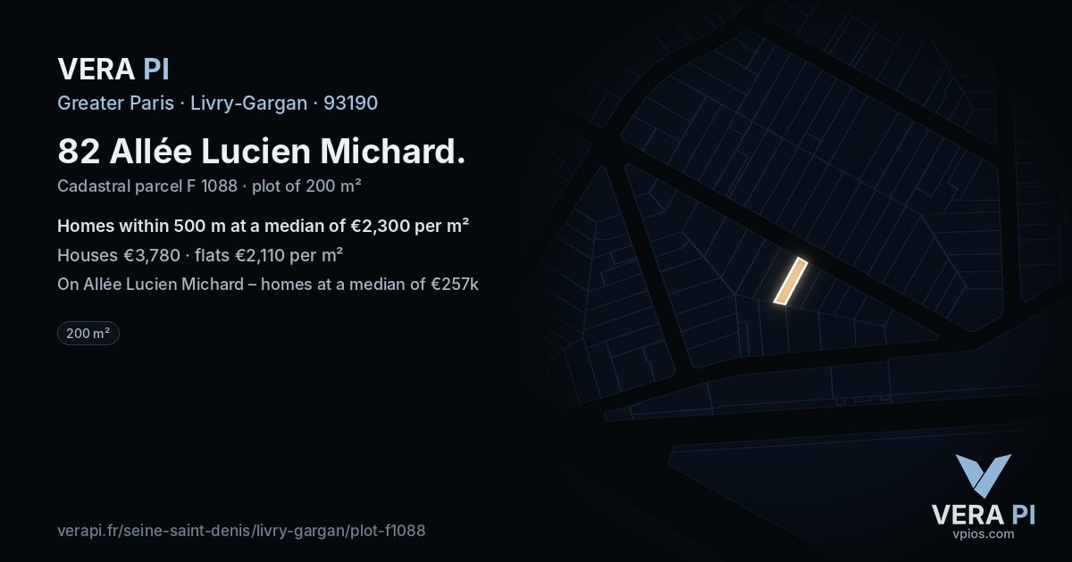 82 Allée Lucien Michard, Livry-Gargan at night – the plot lit, the parcels around coloured by the prices near them