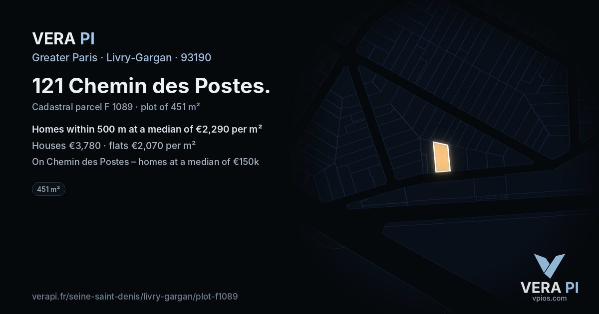 121 Chemin des Postes, Livry-Gargan at night – the plot lit, the parcels around coloured by the prices near them
