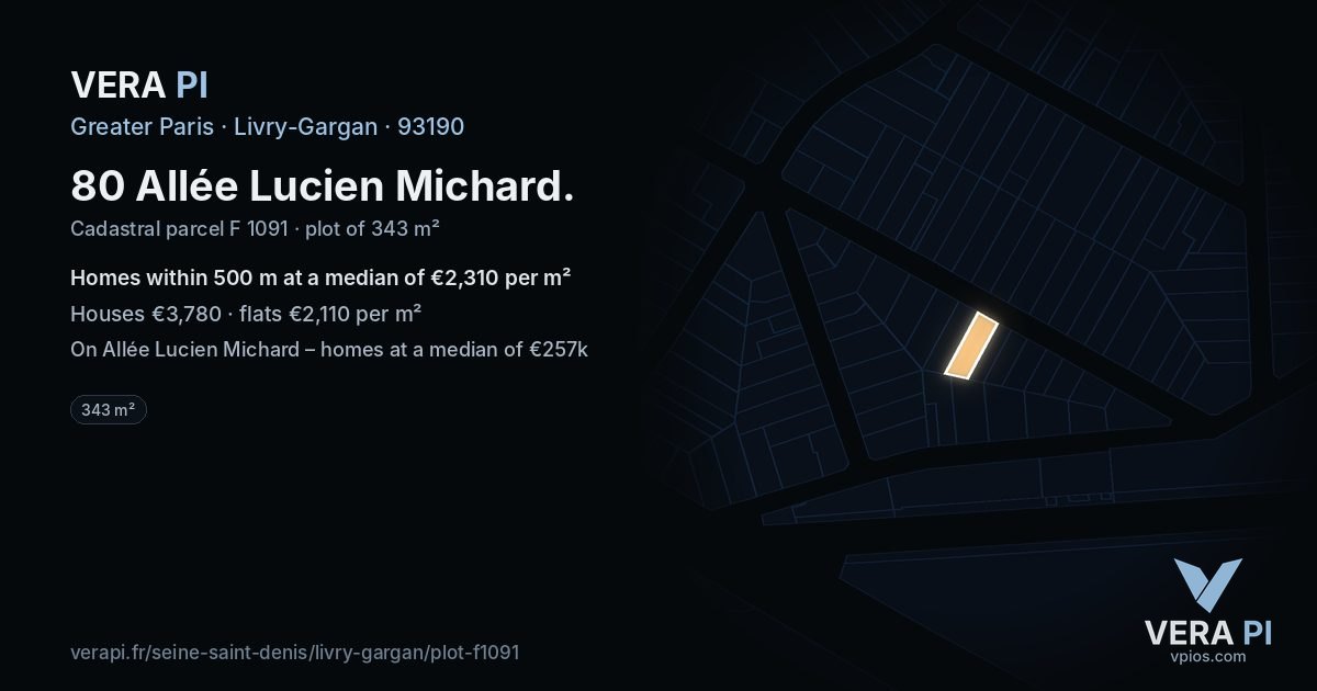 80 Allée Lucien Michard, Livry-Gargan at night – the plot lit, the parcels around coloured by the prices near them