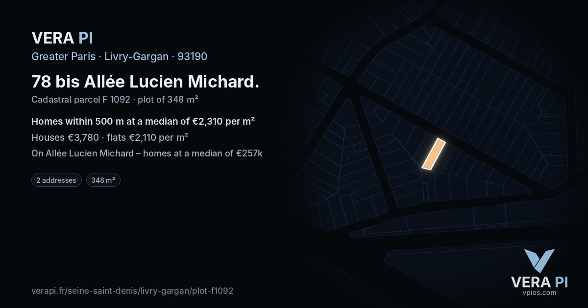 78 bis Allée Lucien Michard, Livry-Gargan at night – the plot lit, the parcels around coloured by the prices near them