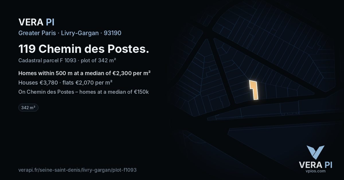 119 Chemin des Postes, Livry-Gargan at night – the plot lit, the parcels around coloured by the prices near them