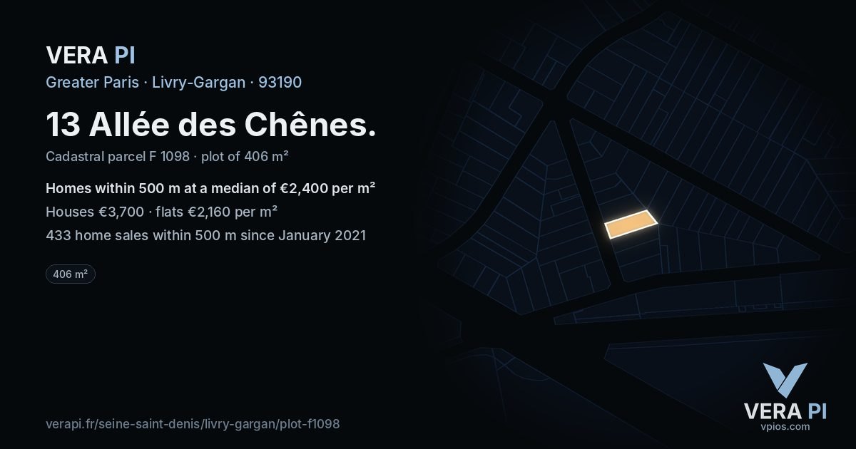 13 Allée des Chênes, Livry-Gargan at night – the plot lit, the parcels around coloured by the prices near them