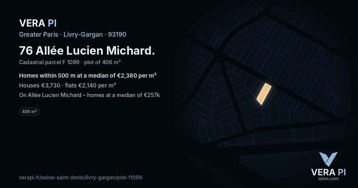 76 Allée Lucien Michard, Livry-Gargan at night – the plot lit, the parcels around coloured by the prices near them