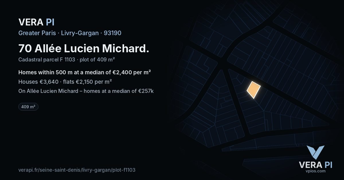 70 Allée Lucien Michard, Livry-Gargan at night – the plot lit, the parcels around coloured by the prices near them