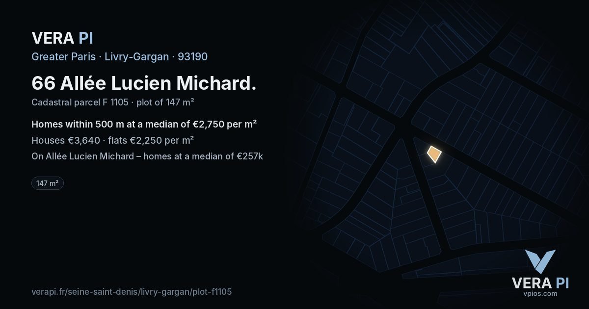 66 Allée Lucien Michard, Livry-Gargan at night – the plot lit, the parcels around coloured by the prices near them