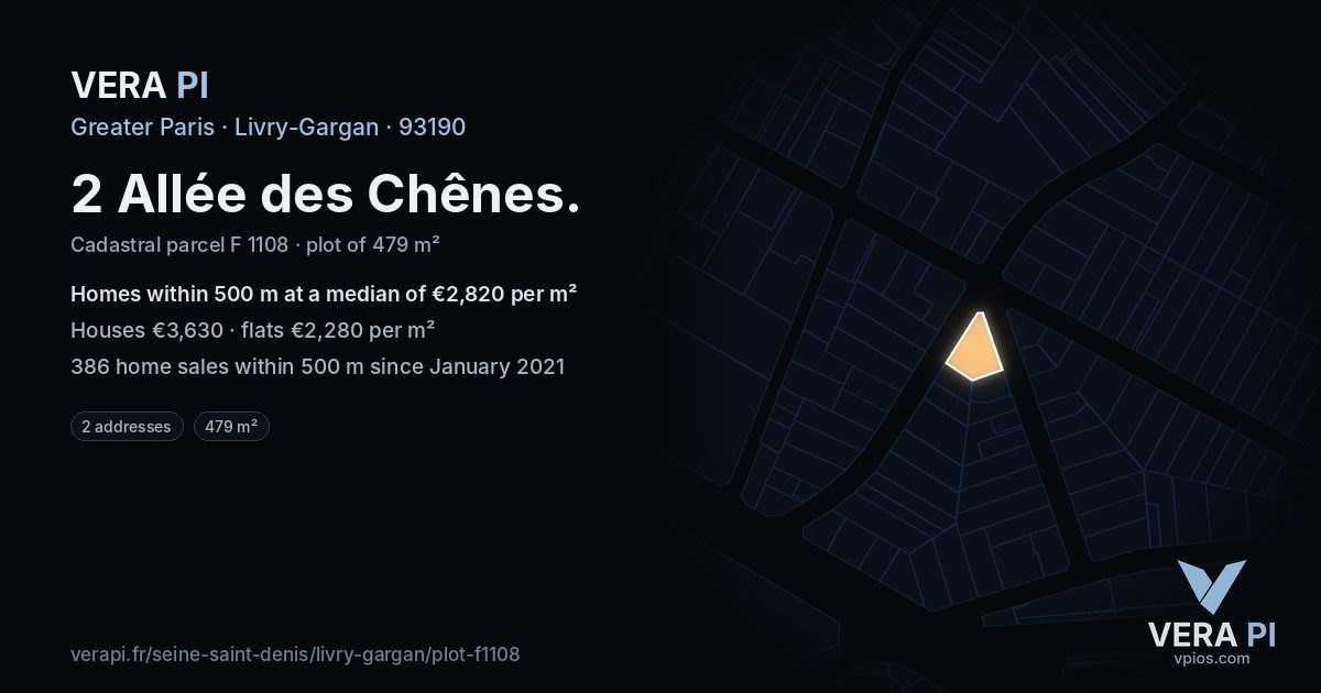 2 Allée des Chênes, Livry-Gargan at night – the plot lit, the parcels around coloured by the prices near them