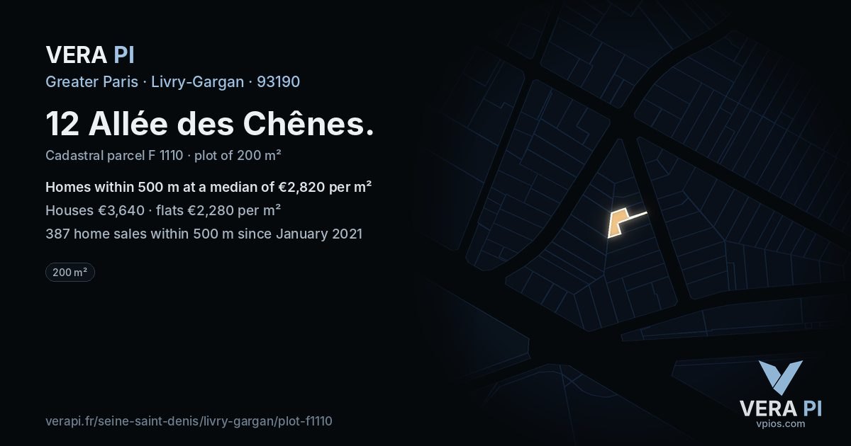 12 Allée des Chênes, Livry-Gargan at night – the plot lit, the parcels around coloured by the prices near them