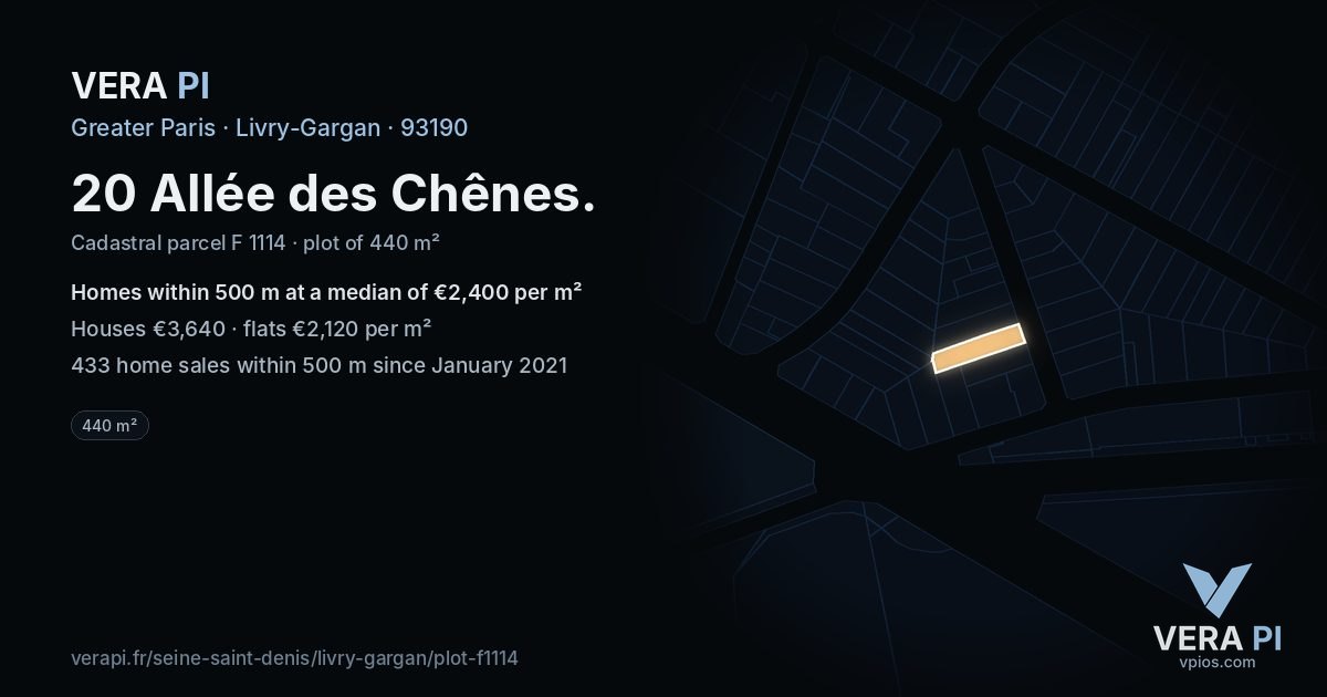 20 Allée des Chênes, Livry-Gargan at night – the plot lit, the parcels around coloured by the prices near them